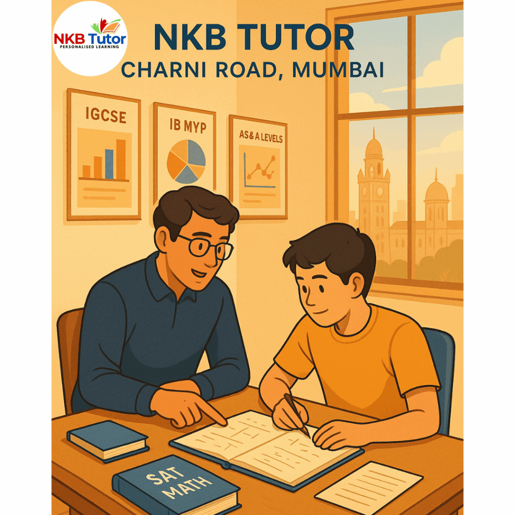 Student in Charni Road, Mumbai, engaged in an online IBDP tutoring session with NKB Tutor via Zoom, surrounded by IB textbooks and a notepad, with a Mumbai skyline and Charni Road landmarks in the background, highlighting best online tutoring for IGCSE, IB MYP, AS & A Levels, IBDP, SAT.