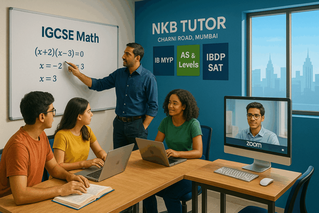 Small group study session at NKB Tutor in Charni Road, Mumbai, with students collaborating on AS & A Levels Physics, guided by a tutor at a whiteboard, featuring IGCSE, IB MYP, IBDP, SAT